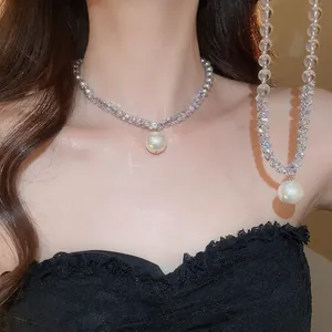 Artificial Pearl Pendant Necklace With 925 Sterling Silver Faceted Crystal Beaded Clavicle Chain Rhinestone Jewelry For Women Girls