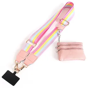Rainbow striped shoulder strap with pink leather coin purse and gold metal lobster clasp