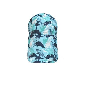 Detail of baby sun hat with neck protection flap and blue dinosaur pattern