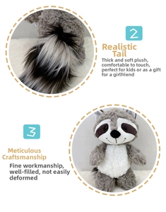 Detail of high-simulation furry tail and premium soft stuffing of the raccoon plush toy