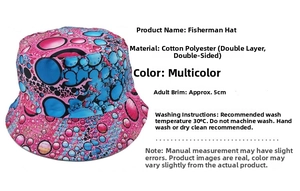 Detail view of double-sided bucket hat with colorful bubble patterns and 5cm brim