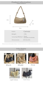 Detailed size chart and multi-color display of the large quilted canvas tote bag