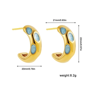 Retro C-shape gold-plated titanium steel earrings with sky blue enamel details and size specs