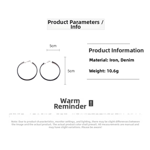 5cm denim hoop earrings showing size dimensions and lightweight 10.6g iron material detail