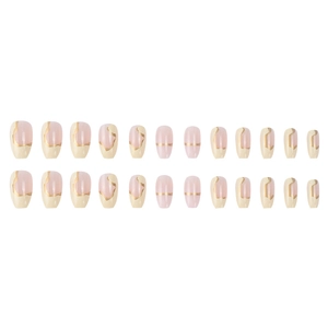 24pcs short coffin press-on nails with pink and yellow gradient gold foil design