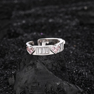 Adjustable S925 sterling silver ring featuring a pink heart and white square gemstone