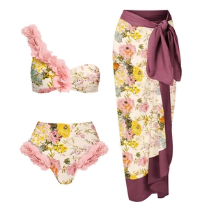 Women Floral Swimsuit With 3D Flower Applique One Shoulder High Waist Bikini One Piece Bathing Suit Beach Wrap Skirt Sarong