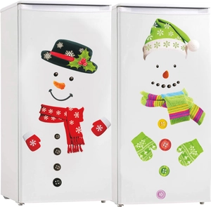 Detail of Christmas snowman fridge stickers with festive hats and scarves on white background