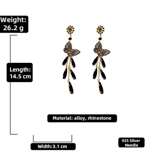 Detailed dimensions of long black butterfly tassel earrings with 925 silver needle
