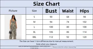 Detailed size chart for zebra print vest and pants set from sizes S to XXL with measurements