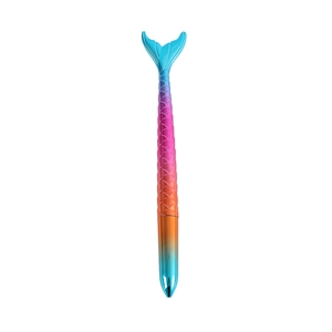 Macro detail of mermaid tail pen featuring colorful gradient scales and metallic finish