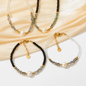 Two-piece black spinel and pearl necklace and bracelet set in stainless steel