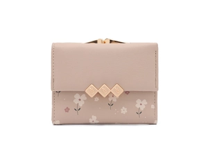 Detailed view of pink floral tri-fold mini wallet with golden kiss-lock and metal accents