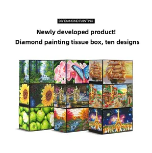 Detailed view of ten DIY diamond painting tissue box styles with floral and landscape patterns