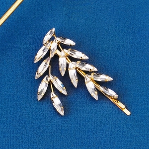 Bridal gold leaf hair clip with marquise cut crystals for wedding dress accessories