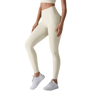 High waist yoga leggings in cream white with side pockets and seamless tummy control