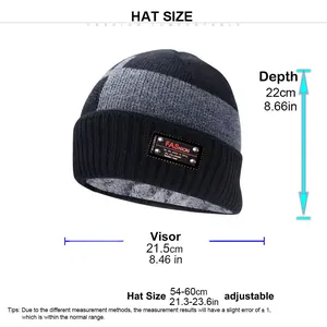 Detailed size chart showing depth, width and 54-60cm circumference for the knitted beanie