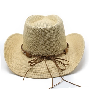 Detail of woven straw cowboy hat with beaded leather band and drawstring closure