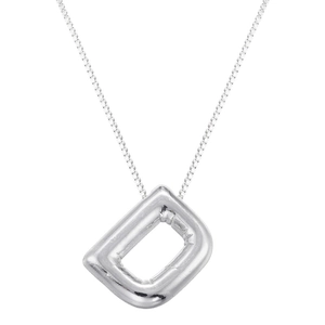 Macro shot of silver puffy balloon letter D pendant with elegant box chain necklace