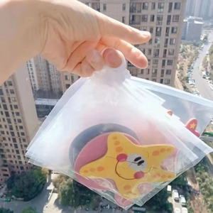 Close-up of a clear handheld organizer pouch featuring a yellow cartoon starfish design