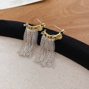 French vintage silver needle C-shaped tassel earrings with golden lava texture finish