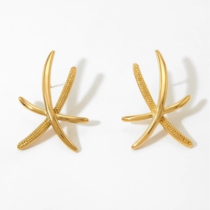 Stainless Steel Starfish Star Shape Earrings For Women Abstract Cross Line Mirror Smooth Grained Texture French Retro