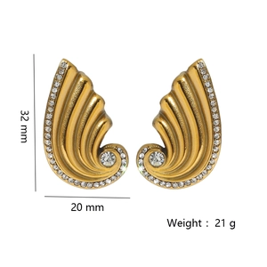 Golden wing-shaped earrings with rhinestones measuring 32mm by 20mm on white background