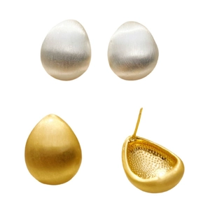 Minimalist brushed metal teardrop earrings in gold and silver matte finishes