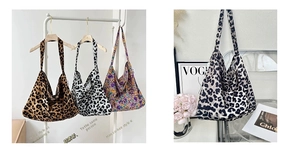 Detail of canvas tote bags in leopard and floral prints showing material and patterns