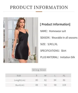 Guide des tailles de S à XL pour une robe nuisette élégante en satin noir uni