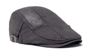 Detail of dark grey ivy cap showing breathable side mesh and silver metal adjustable buckle