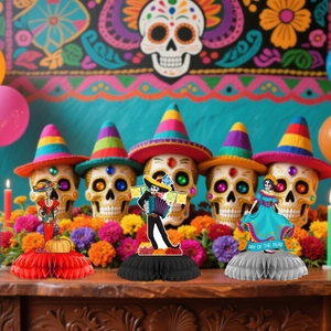 Day of the Dead honeycomb table centerpieces with skeleton figures and floral patterns
