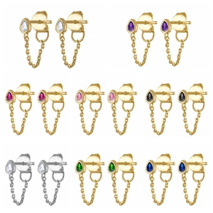 S925 Sterling Silver Post Colorful Teardrop Zirconia Earrings For Women Punk Style Copper Chain Drop Earrings Jewelry Gift
