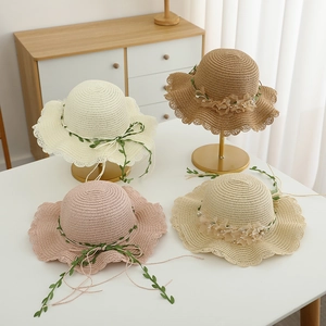 Kids woven straw sun hats set with fabric flowers and pearls in four assorted colors