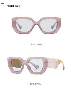 Front and 45-degree side view of violet grey oversized square sunglasses with amber temples