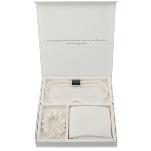 Luxury 100% mulberry silk gift set with white eye mask, silk scrunchie, and pillowcase