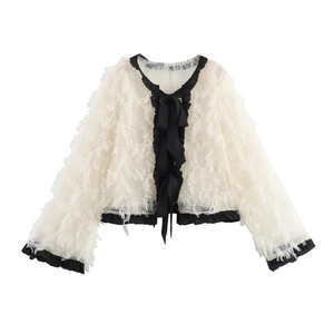 Blouse En Dentelle Pour Femmes Cardigan En Maille à Volants Contrastés Manches Longues Nœud Franges élégant