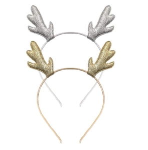 Close-up of cute glittery reindeer antler headbands in gold and silver finishes