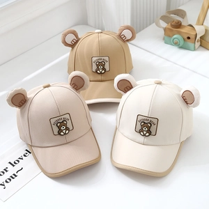 Cute kids bear ear baseball caps in khaki, pink, and white for outdoor sun protection