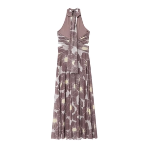 Summer floral print maxi dress featuring halter neck and backless chiffon design in purple