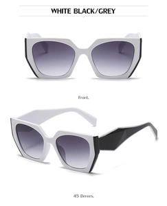Front and 45-degree angle of cat-eye sunglasses with white frames and grey lenses