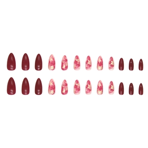 Burgundy and gold foil marble press-on nails set with almond shape in a 24pcs pack