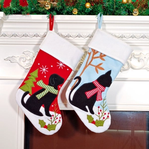 Chaussettes de Noël Brodées pour Décoration de Cheminée Thème Animaux Chat Chien Sac Cadeau Décorations Suspendues de Fête
