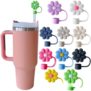 Detailed set showing pink tumbler with 11 colorful floral silicone straw covers