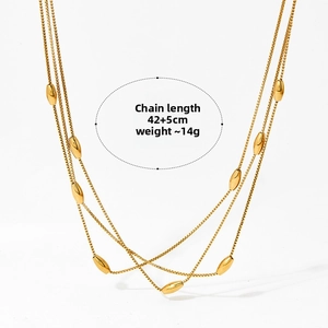 Detailed view of layered gold box chain necklace showing 42+5cm length and 14g weight