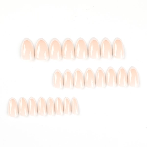 Uñas postizas almendra rosa nude con puntas blancas francesas finas, set de 24 piezas press-on