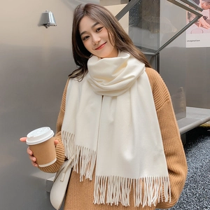 Solid Color Thickened Warm Wool Scarf For Women Men Winter Long Tassel Shawl Wrap Soft Cashmere Feel Neck Warmer Daily Accessory