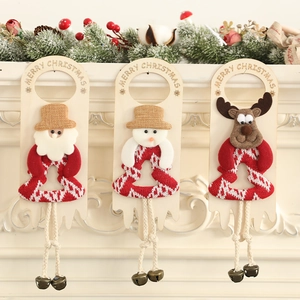 Christmas Hanging Door Handle Ornament Wood Knitted Santa Snowman Reindeer With Metal Bells Holiday Wall Decor