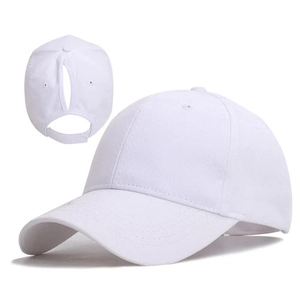 White ponytail baseball cap with back opening for long hair and adjustable strap