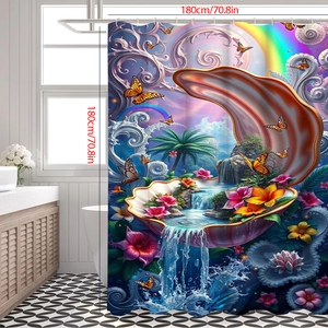 Detailansicht des 180cm quadratischen 3D Fantasy Duschvorhangs mit Muscheln und Wasserfall